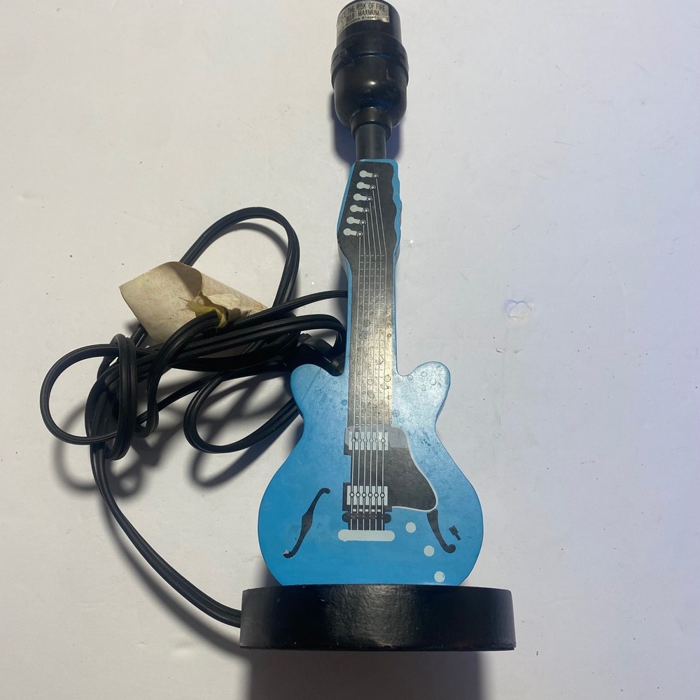 Guitar Table Lamp Room Blue Good Music Themed Wood Base Accent No Shade